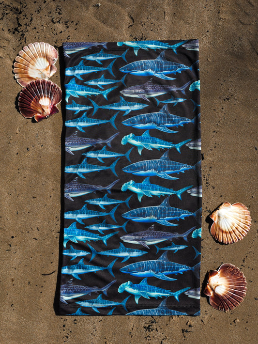 Sharks Black UV neck gaiter close up showing Divermon ocean artwork pattern