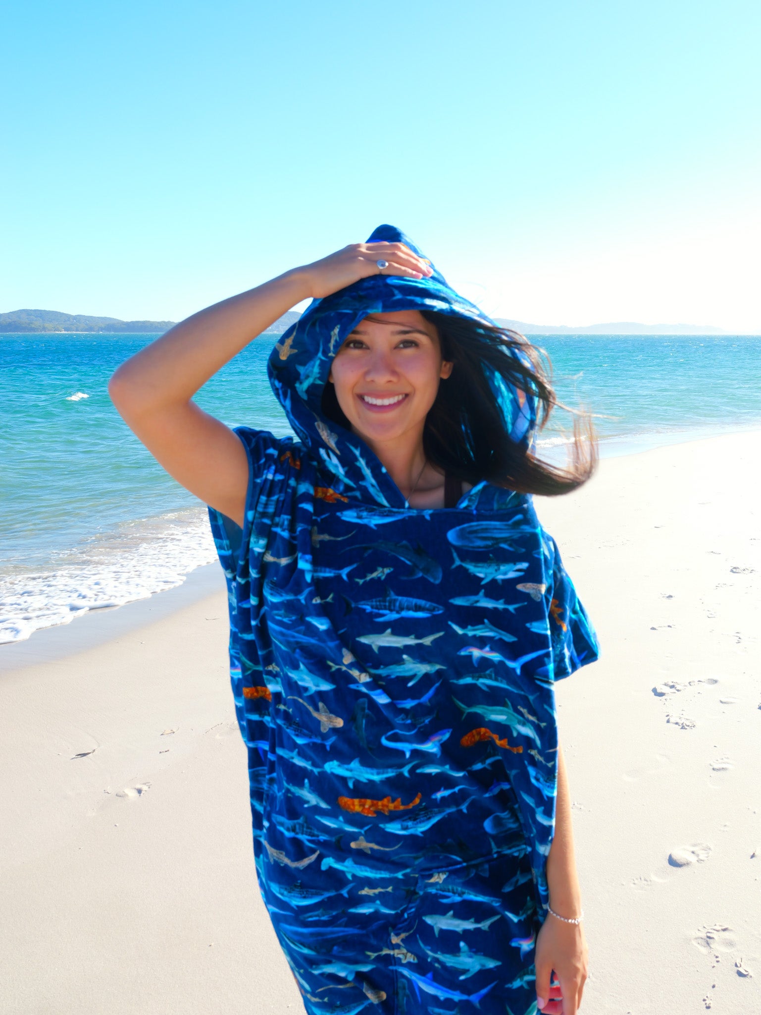 Hooded Cotton Sharks extra large beach towel by Divermon Art with original ocean artwork