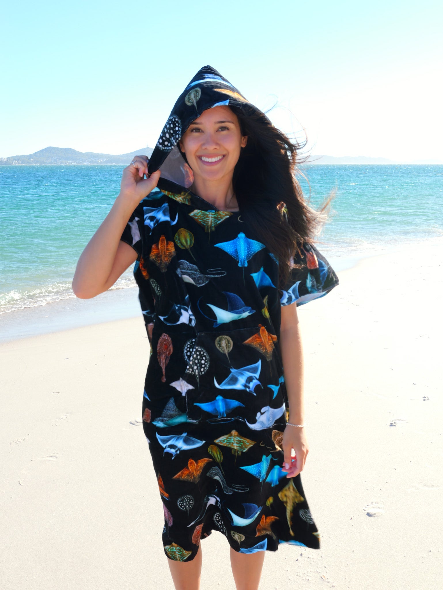 Hooded Cotton Rays extra large beach towel by Divermon Art with original ocean artwork