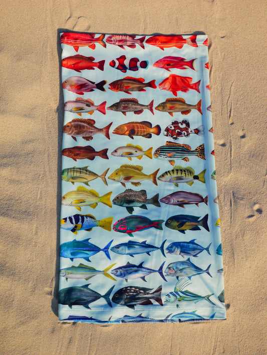 Person wearing Rainbow Fish UV buff for diving snorkelling and spearfishing