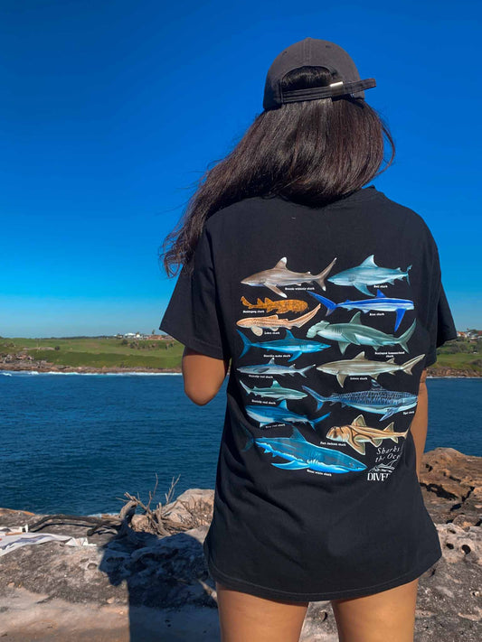 Sharks Black unisex t-shirt by Divermon Art featuring original ocean marine life artwork