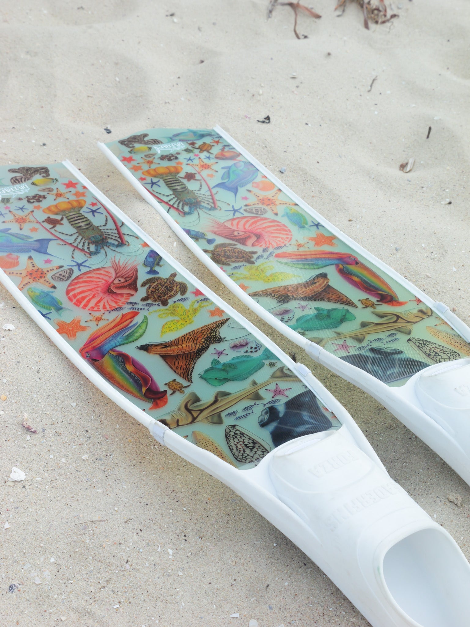 Colorful flipper with marine animal pattern on a sandy background by Divermon