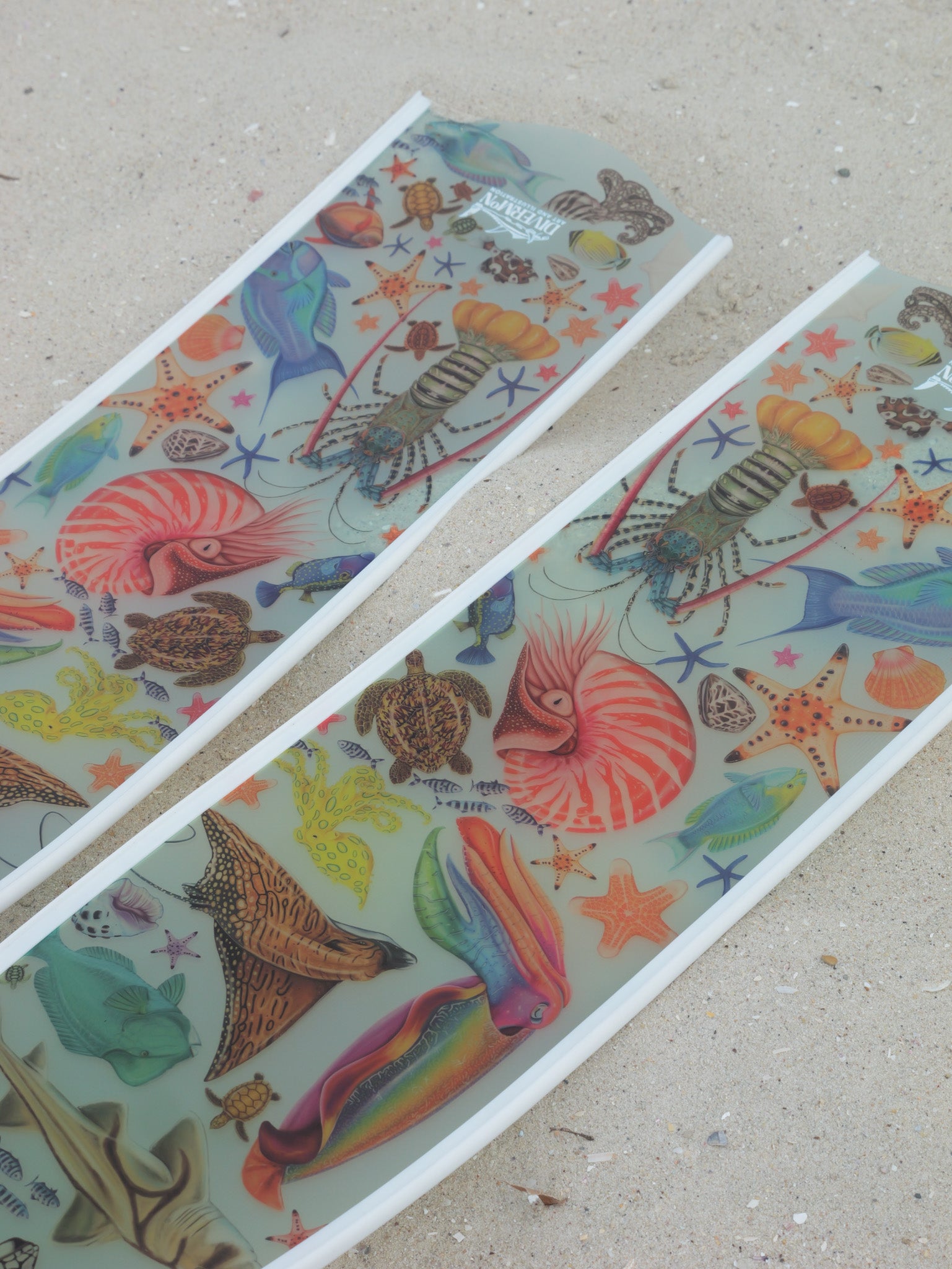 Two colorful freediving fins with marine animal designs on a concrete surface.