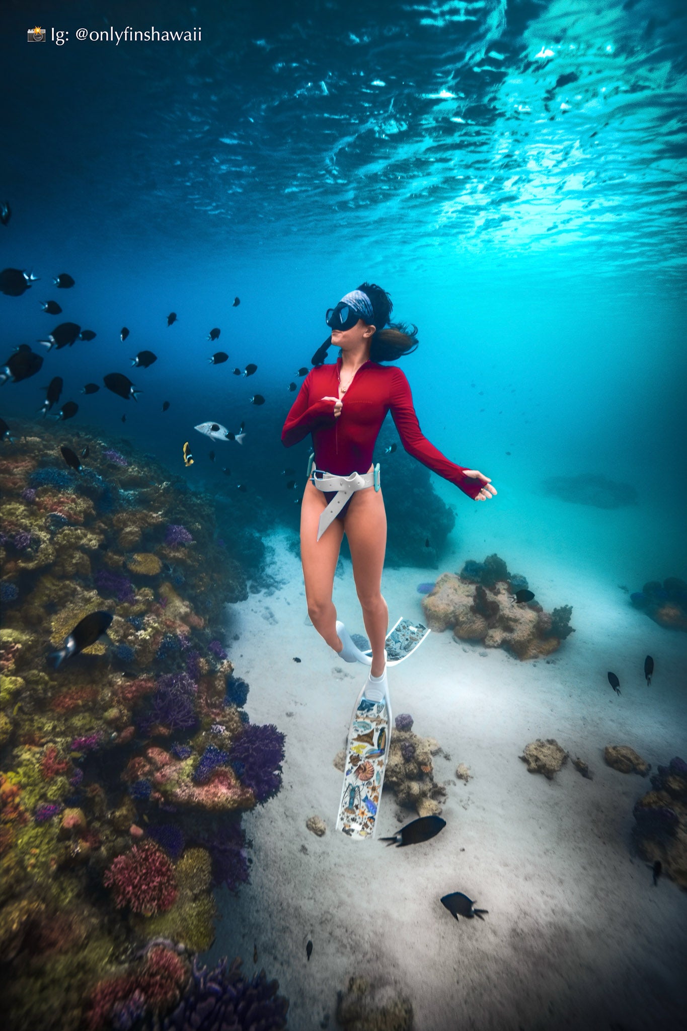 woman freediving in a red swimsuit with divermon art gear underwater, surrounded by fish and coral. @onlyfinshawaii