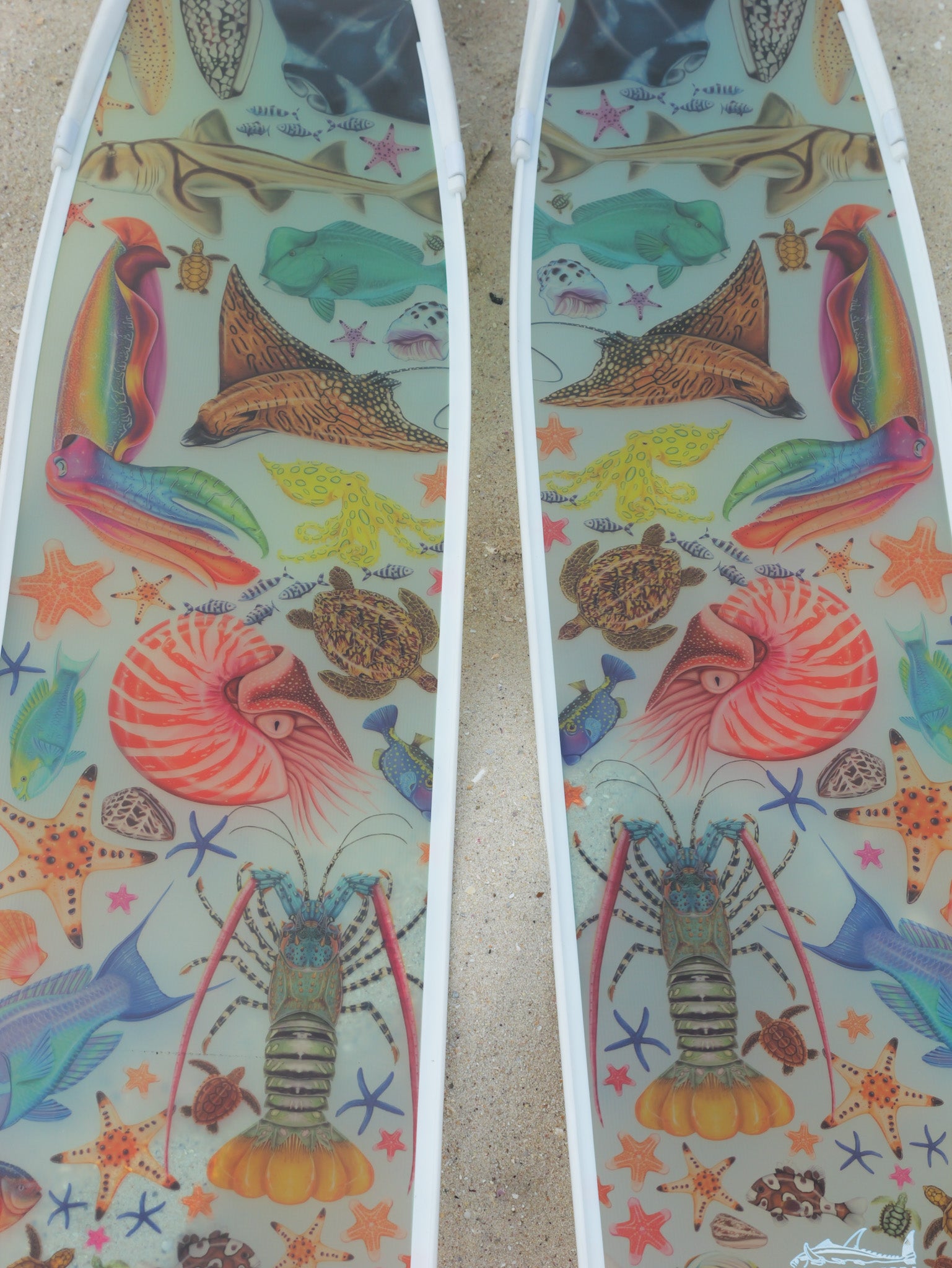 Long blade freediving fins featuring ocean marine life artwork by DiverMon for diving and spearfishing