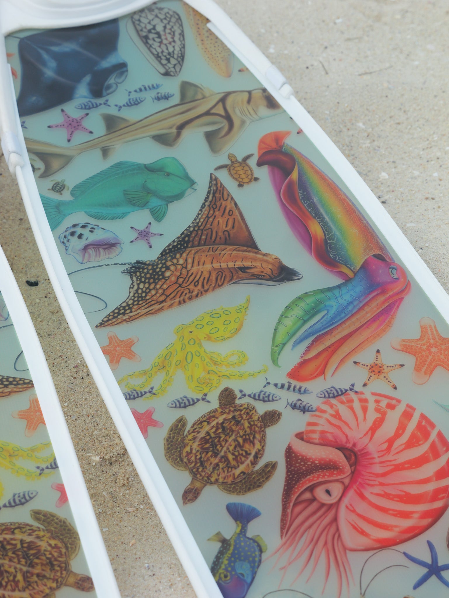 Long blade freediving fins featuring ocean marine life artwork by DiverMon for diving and spearfishing