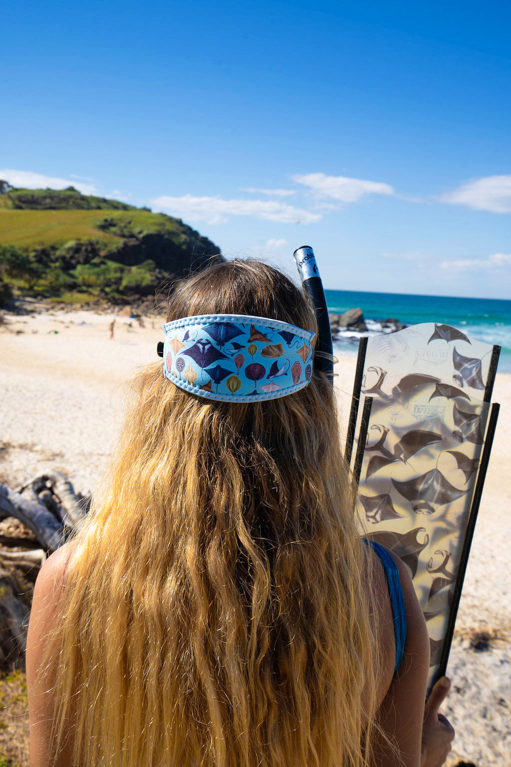Sting Ray and Manta ray design with a light blue background neoprene mask strap tamer ocean illustration by Diver Mon Art dive hair accessories
