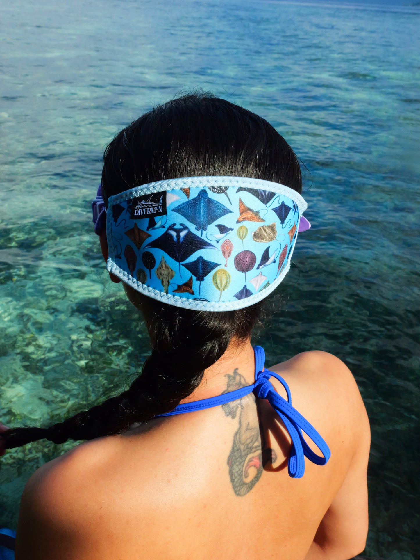 Sting Ray and Manta ray design with a light blue background neoprene mask strap tamer ocean illustration by Diver Mon Art dive hair accessories
