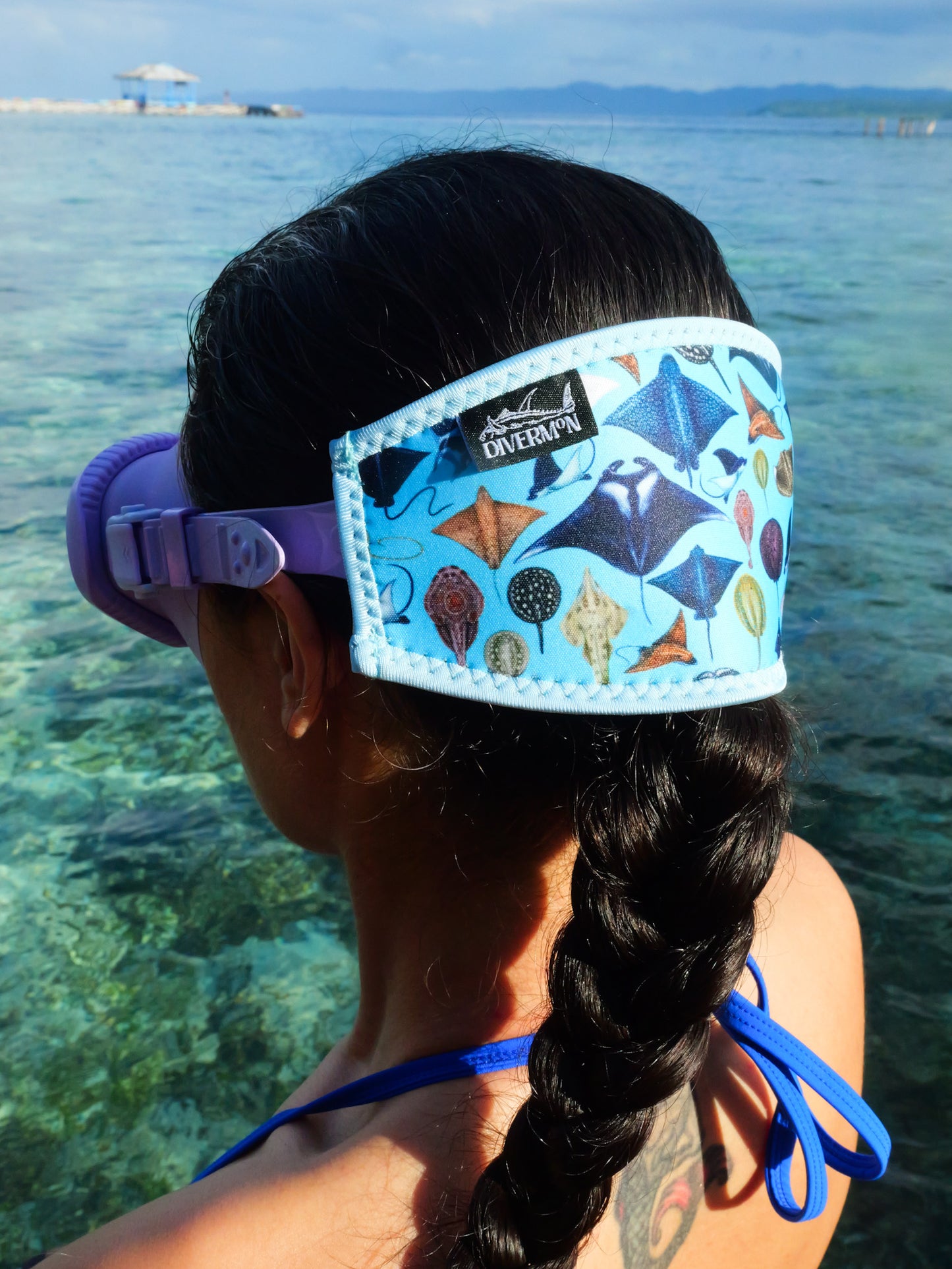 Sting Ray and Manta ray design with a light blue background neoprene mask strap tamer ocean illustration by Diver Mon Art dive hair accessories

