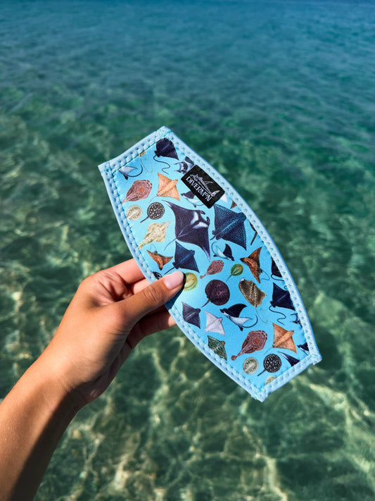 Sting Ray and Manta ray design with a light blue background neoprene mask strap tamer ocean illustration by Diver Mon Art dive hair accessories