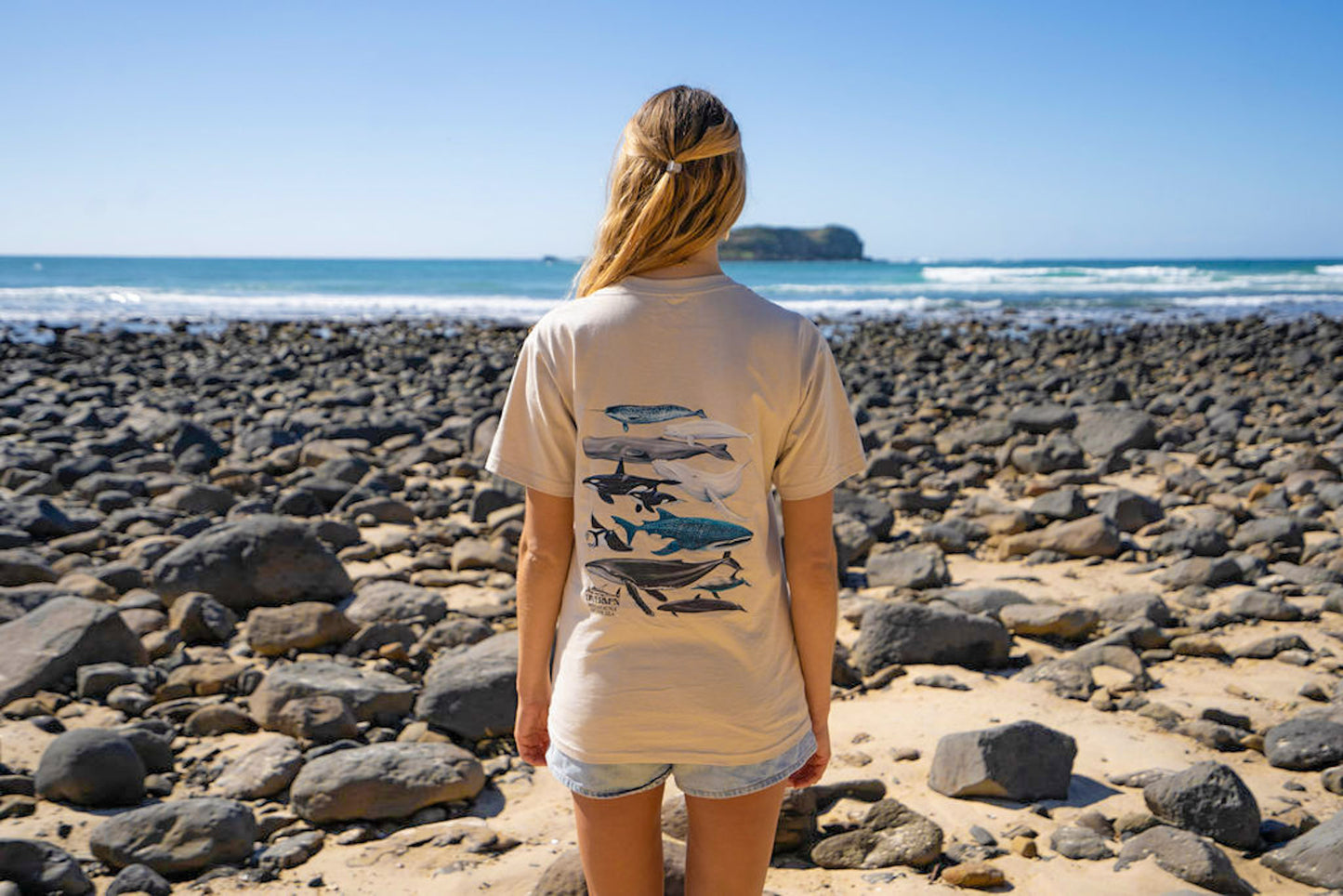 Person standing on a rocky beach wearing Diver Mon Art megafauna tan t-shirt with a whale design.