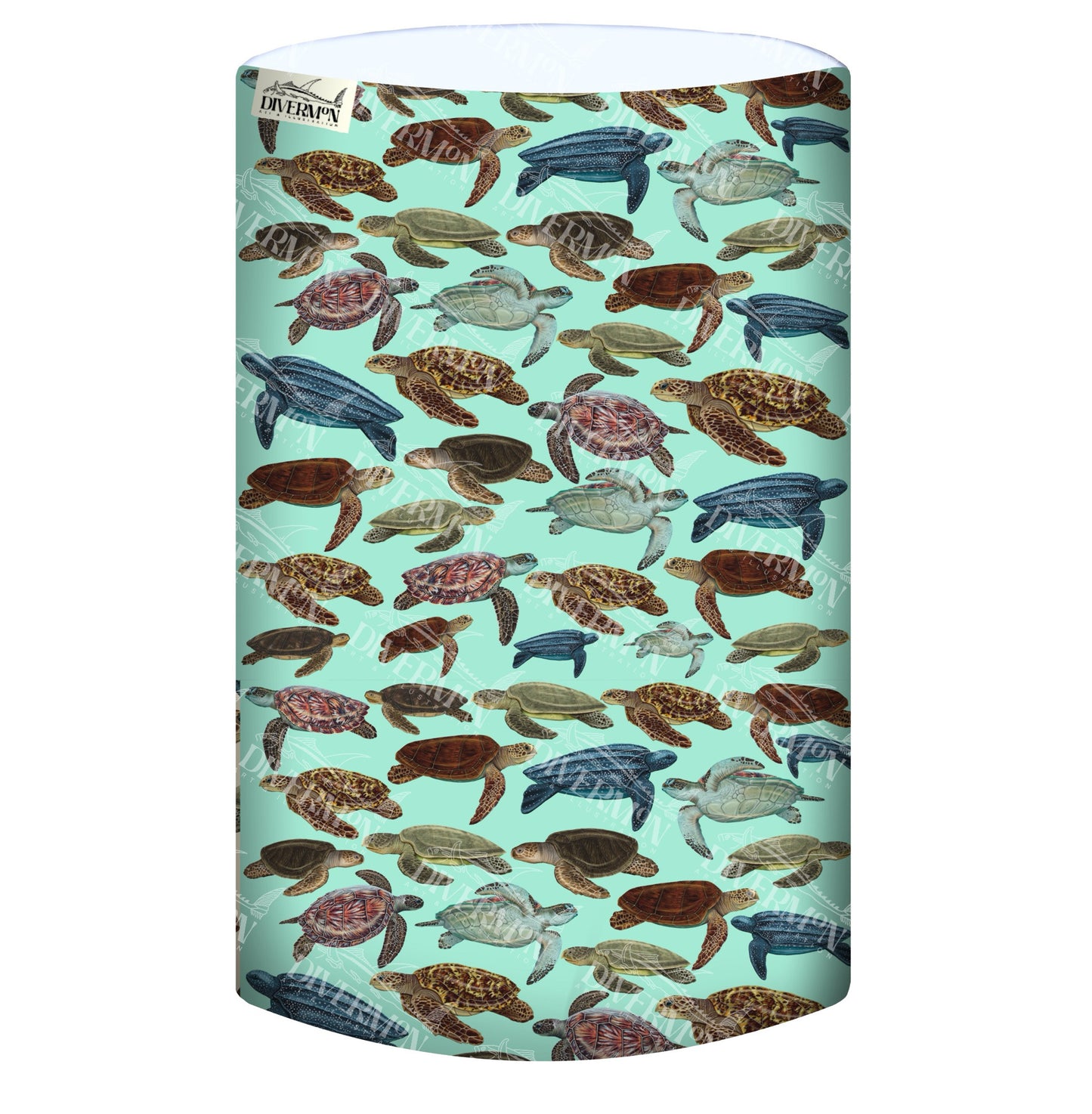 Display of the mini turtles green UV gaiter buff design made from recycled polyester-spandex ocean illustration by Diver Mon Art