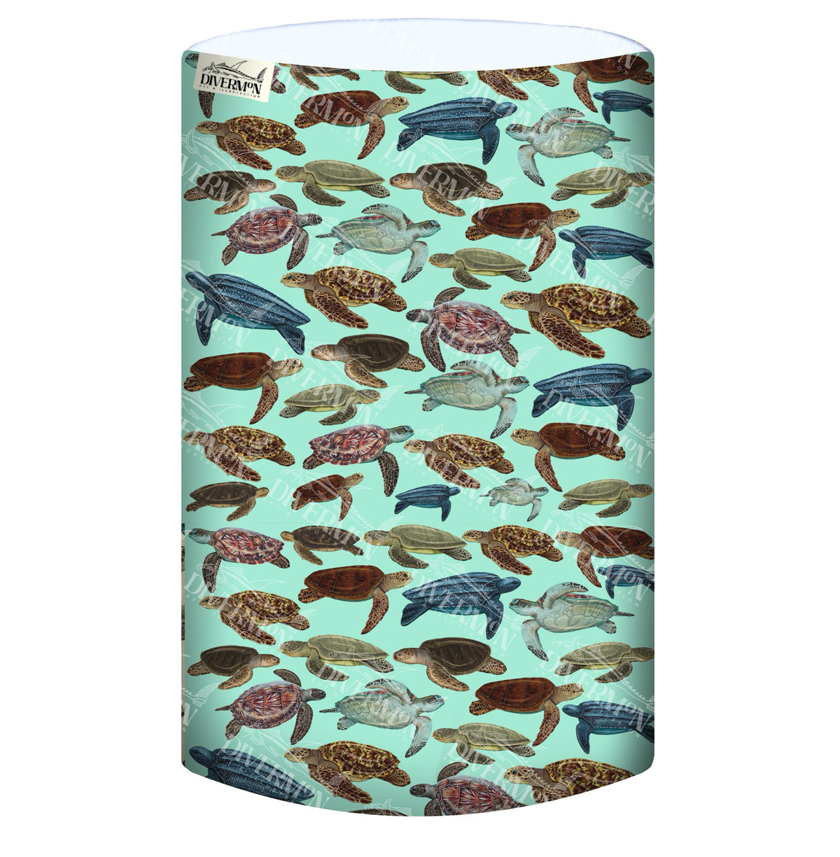 Display of the mini turtles green UV gaiter buff design made from recycled polyester-spandex ocean illustration by Diver Mon Art