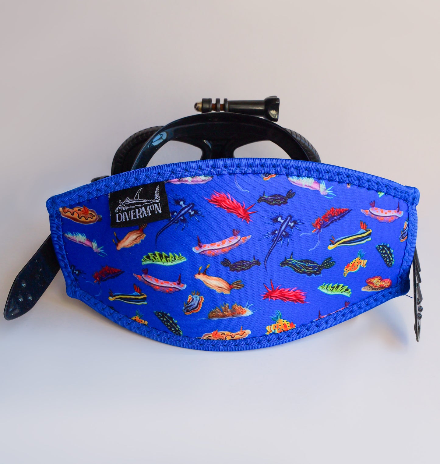Nudibranch Blue neoprene mask tamer design by Diver Mon Art shown with mask 
