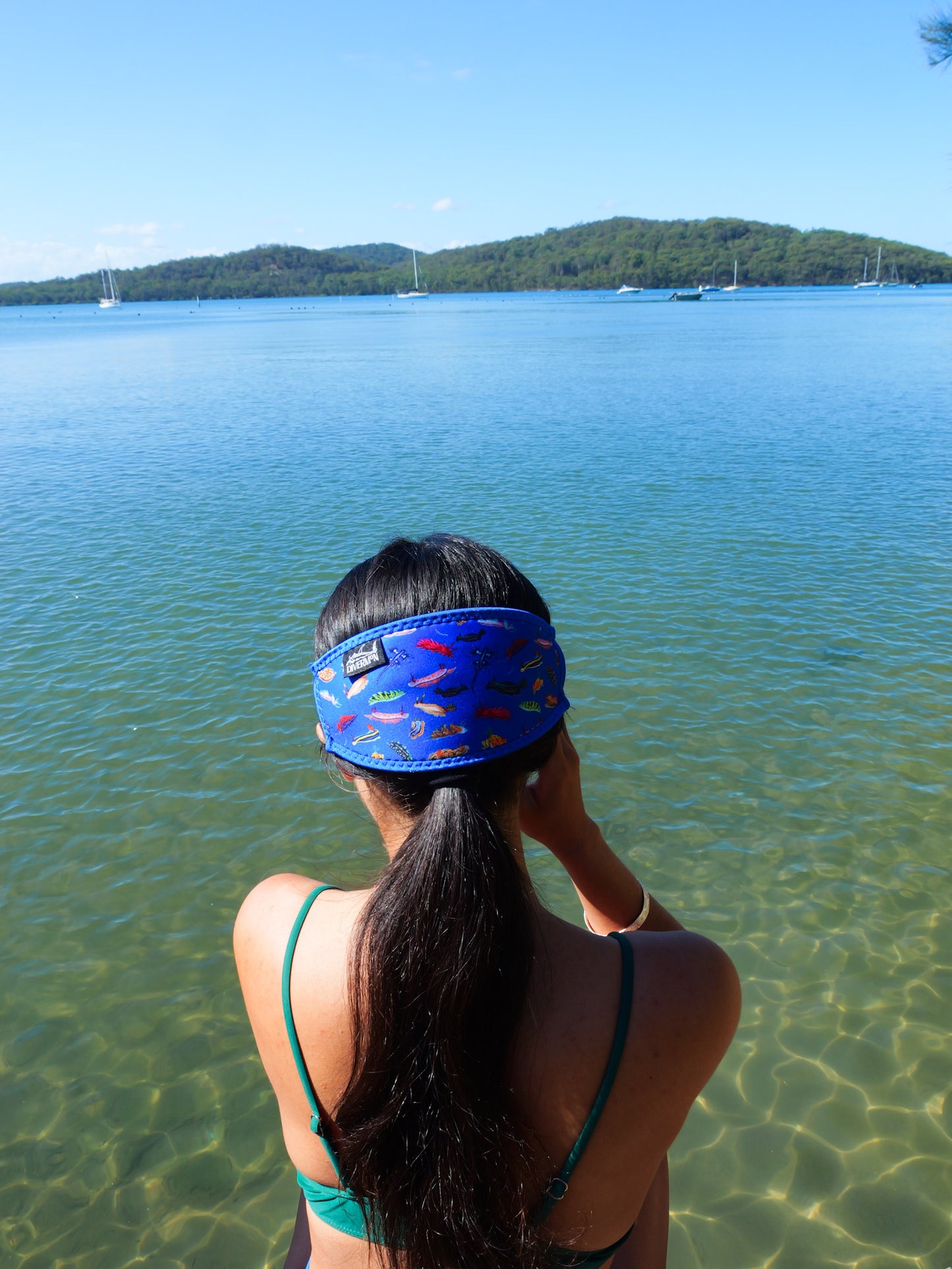 Dark haired woman seen from behind in clear blue water nudibranch blue mask tamer fitted on dive mask close up  ocean illustration by Diver Mon Art 