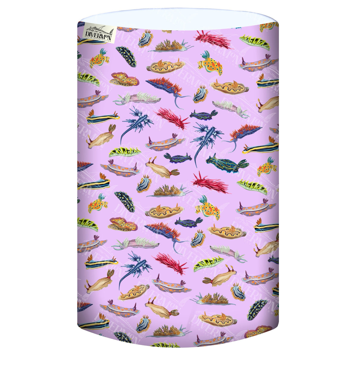 Display of the nudibranch pink UV gaiter buff design made from recycled polyester-spandex ocean illustration by Diver Mon Art