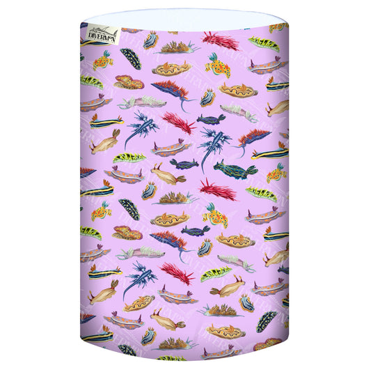 Display of the nudibranch pink UV gaiter buff design made from recycled polyester-spandex ocean illustration by Diver Mon Art