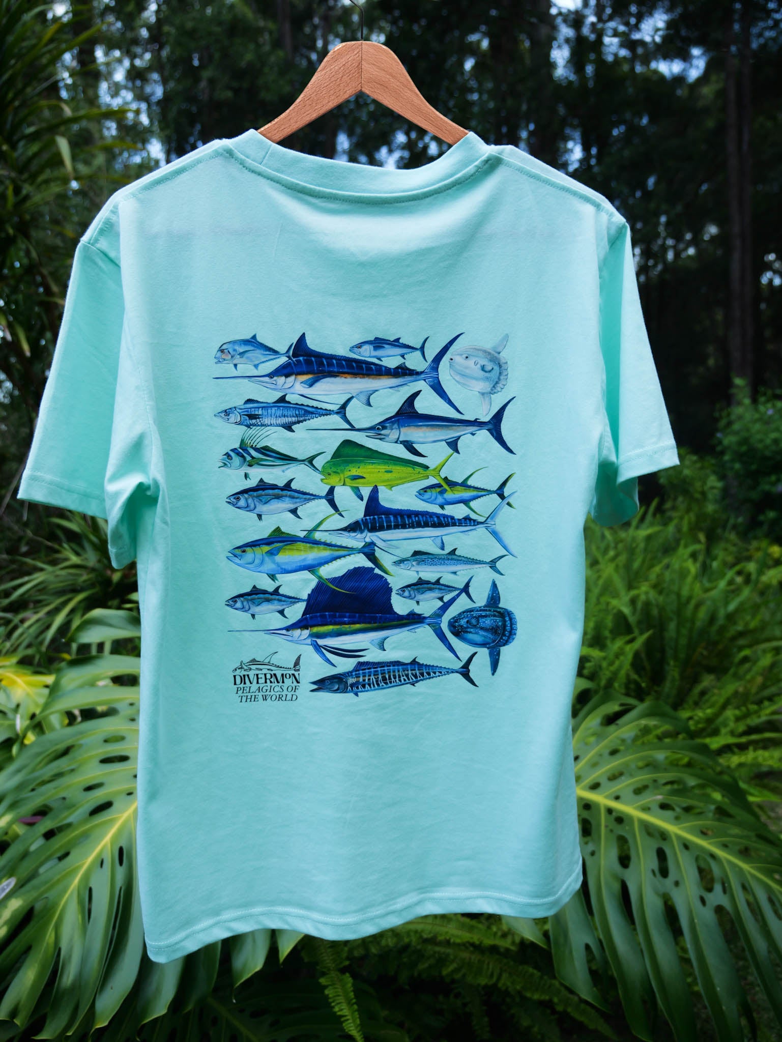 Light blue pelagic fish t shirt featuring ocean species artwork by Diver Mon Art for divers and ocean lovers