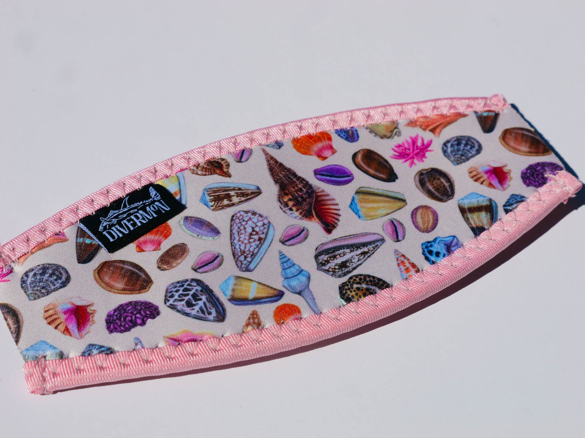 
Sea shell Pink neoprene mask strap tamer ocean illustration by Diver Mon Art dive hair accessories