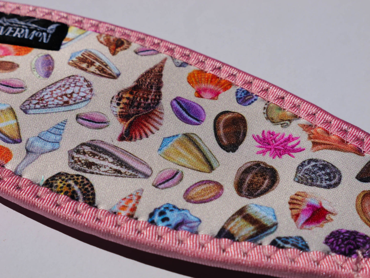 Sea shell Pink neoprene mask strap tamer ocean illustration by Diver Mon Art dive hair accessories