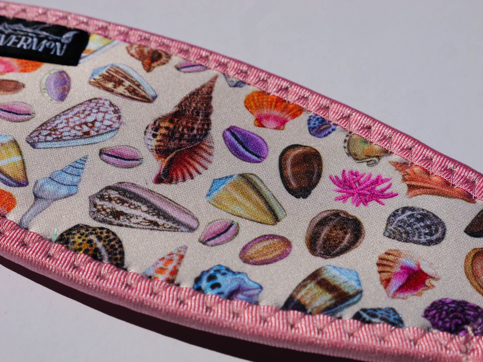 Sea shell Pink neoprene mask strap tamer ocean illustration by Diver Mon Art dive hair accessories