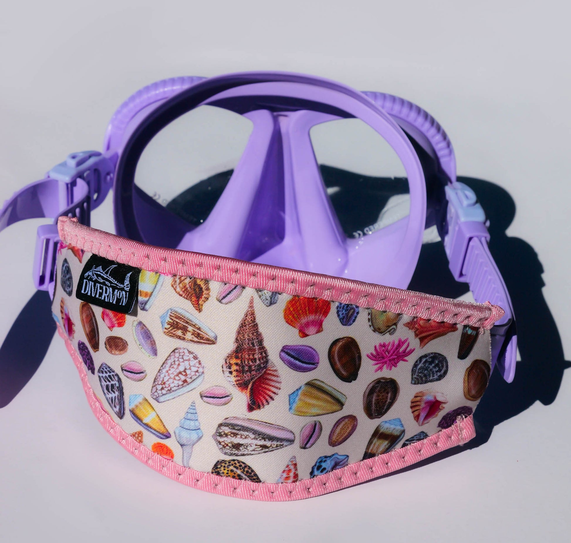 Sea shell Pink neoprene mask strap tamer ocean illustration by Diver Mon Art dive hair accessories