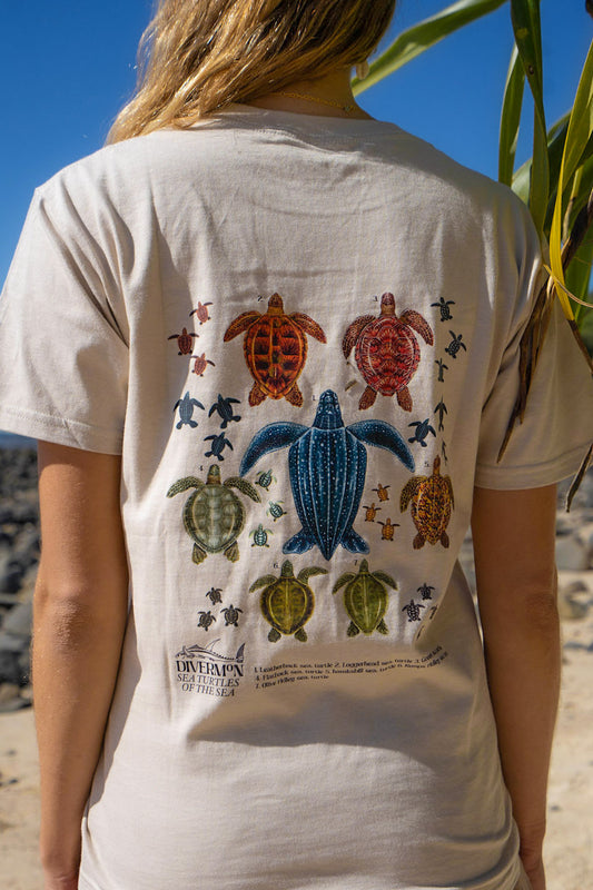 Tan sea turtle artwork t shirt with illustrated turtle design on the back by Diver Mon Art marine life artist