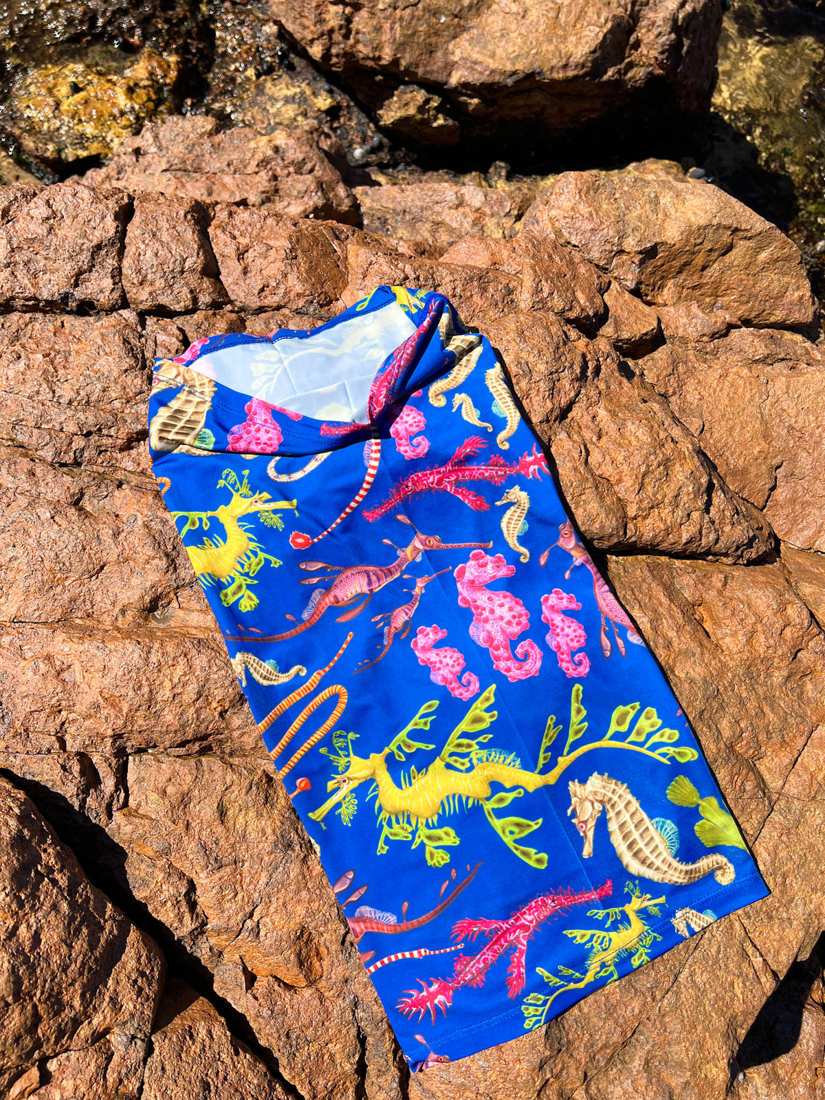 Seahorse dark blue UV gaiter buff design shown laid out on a rock in great detail made from recycled polyester-spandex ocean illustration by Diver Mon Art
