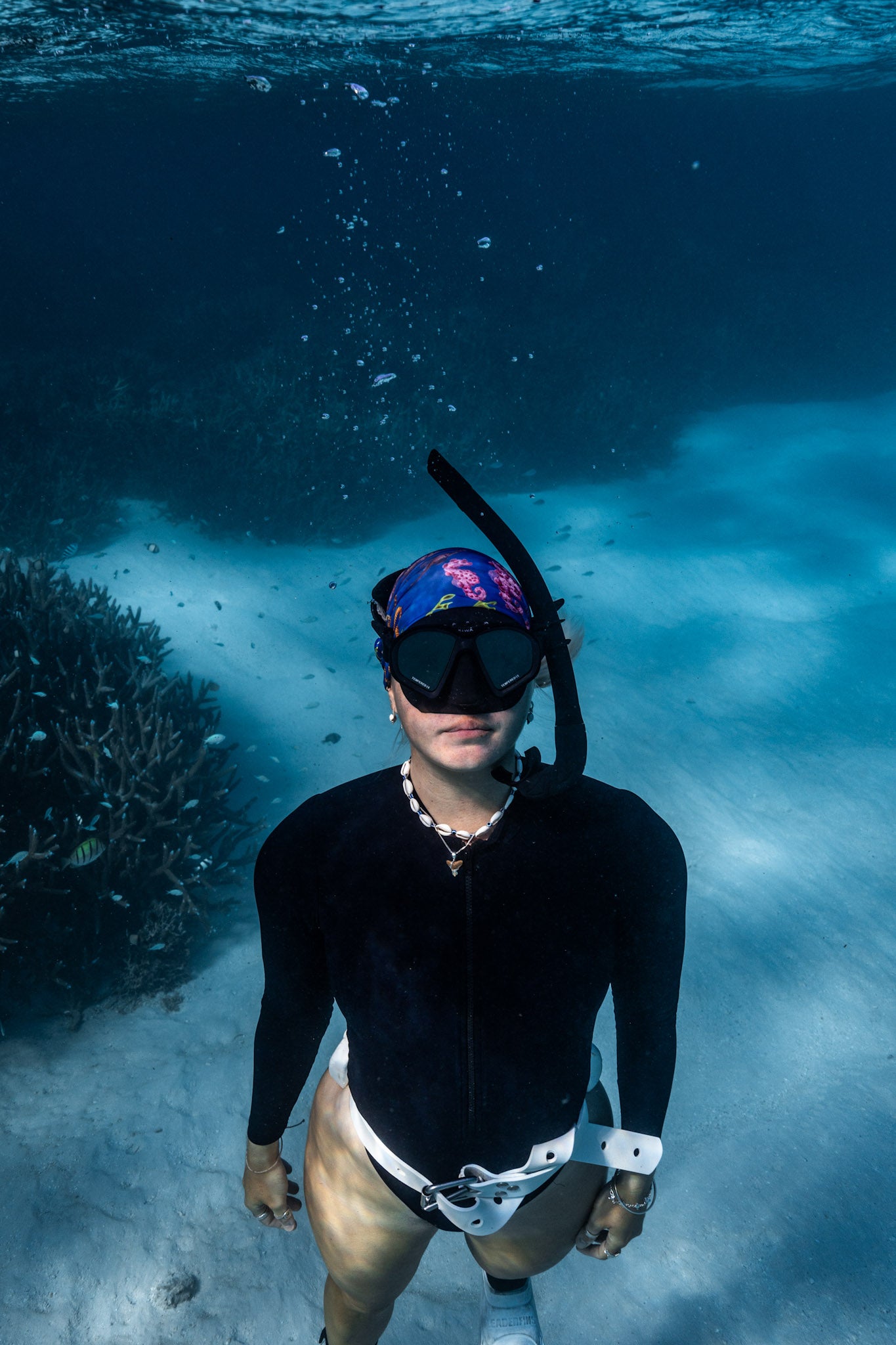 Blonde haired women shown underwater clear blue water wearing seahorse dark blue UV gaiter buff design made from recycled polyester-spandex ocean illustration by Diver Mon Art