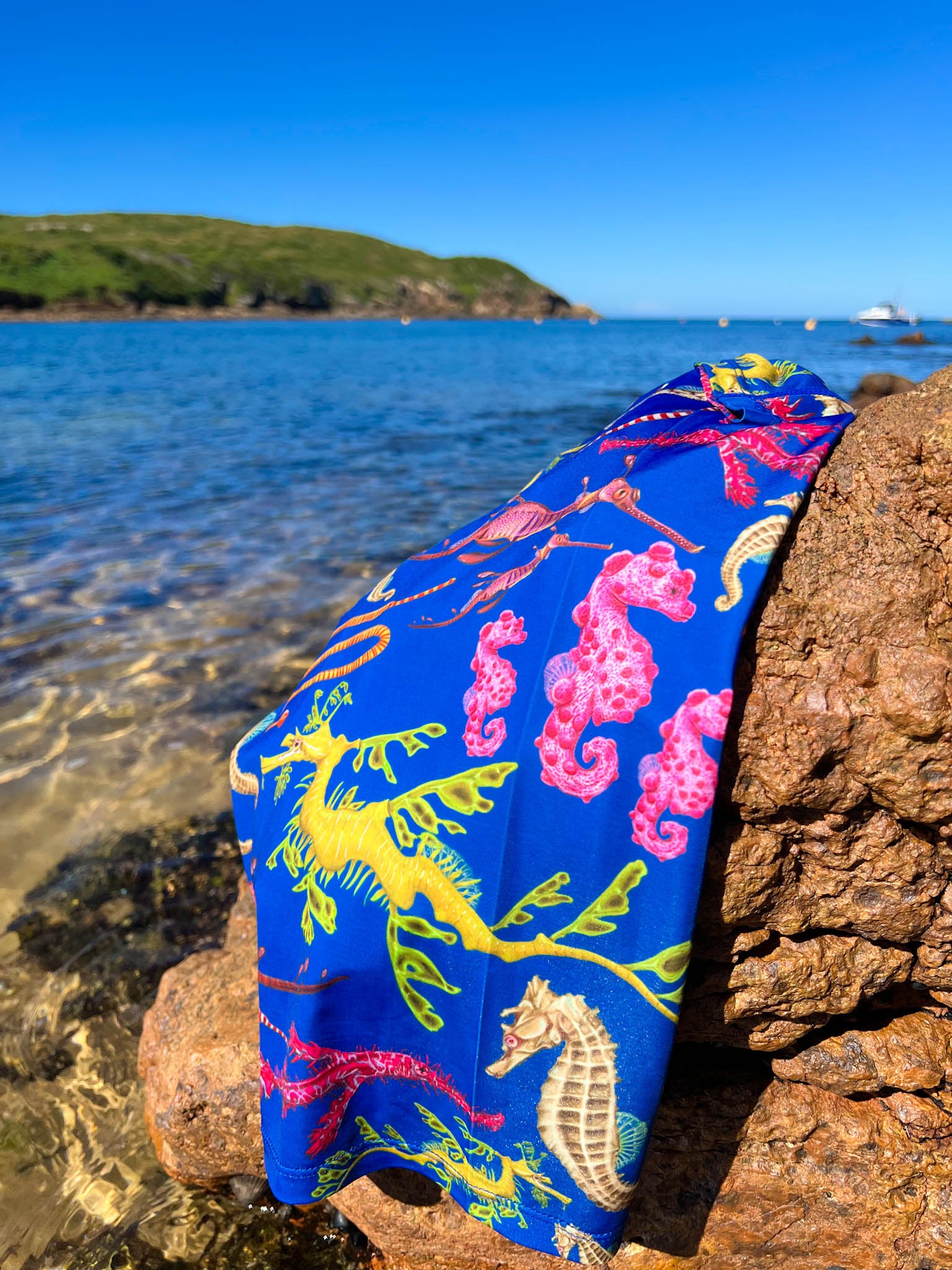 Seahorse dark blue UV gaiter buff design shown laid out on a rock by the waters edge close up in great detail made from recycled polyester-spandex ocean illustration by Diver Mon Art