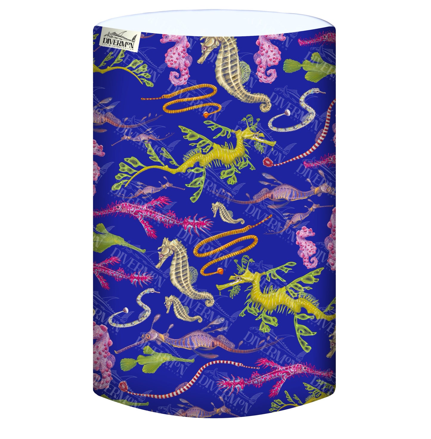 Display of the seahorse dark blue UV gaiter buff design made from recycled polyester-spandex ocean illustration by Diver Mon Art
