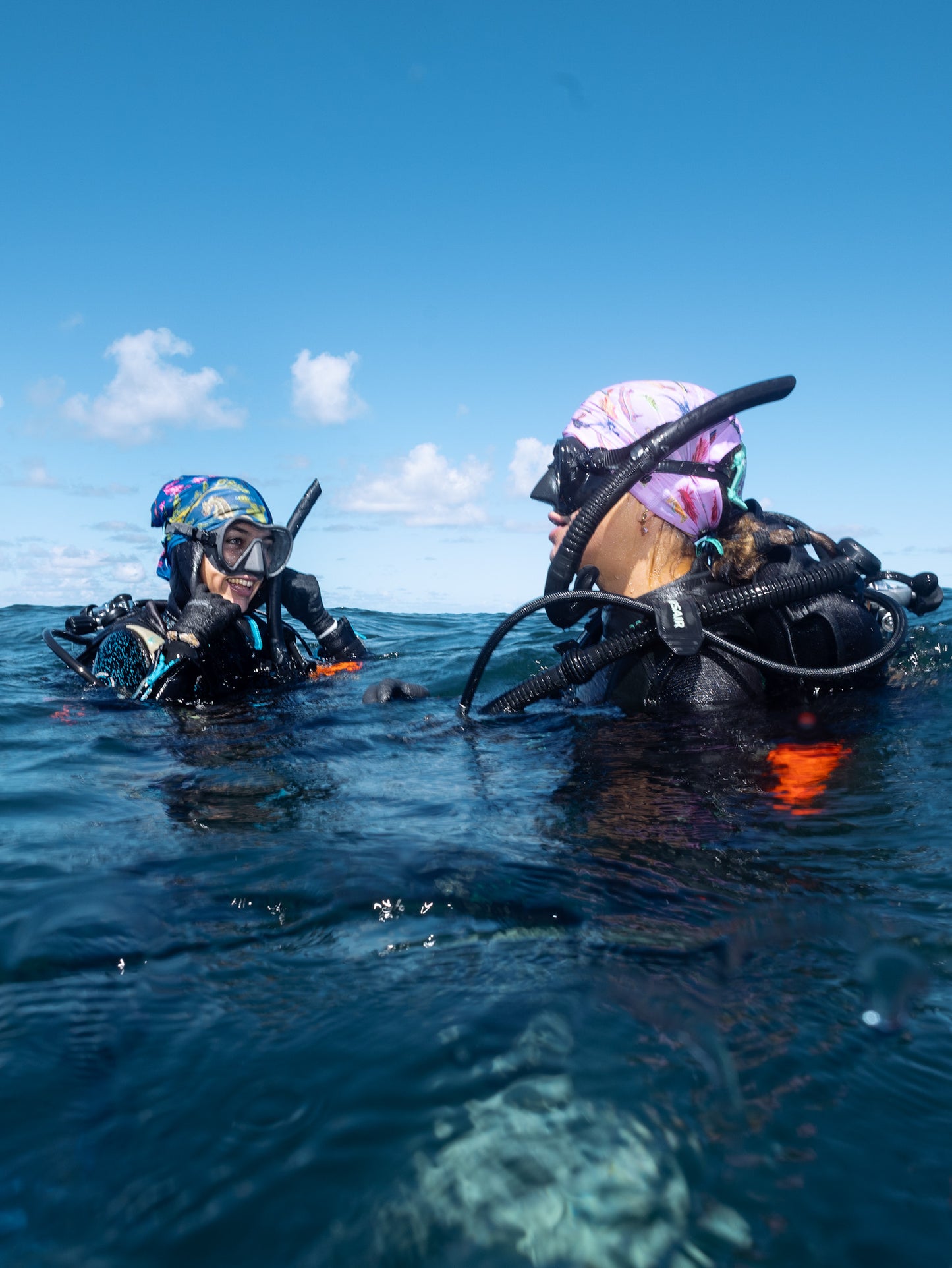 Two scuba divers shown above water one wearing seahorse dark blue and the other the pink nudibranch UV gaiter buff design made from recycled polyester-spandex ocean illustration by Diver Mon Art
