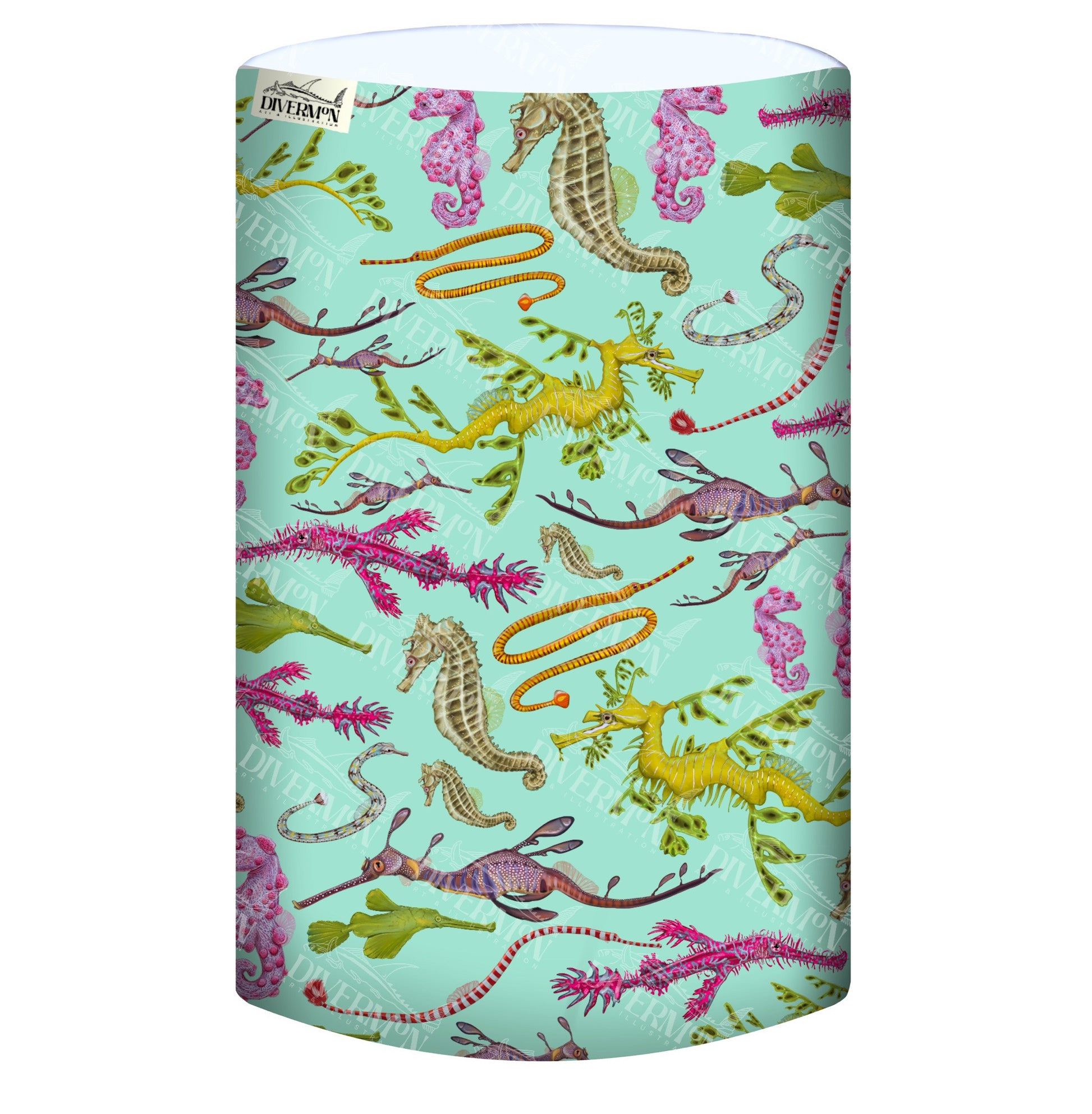 Display of the seahorse green UV gaiter buff design made from recycled polyester-spandex ocean illustration by Diver Mon Art