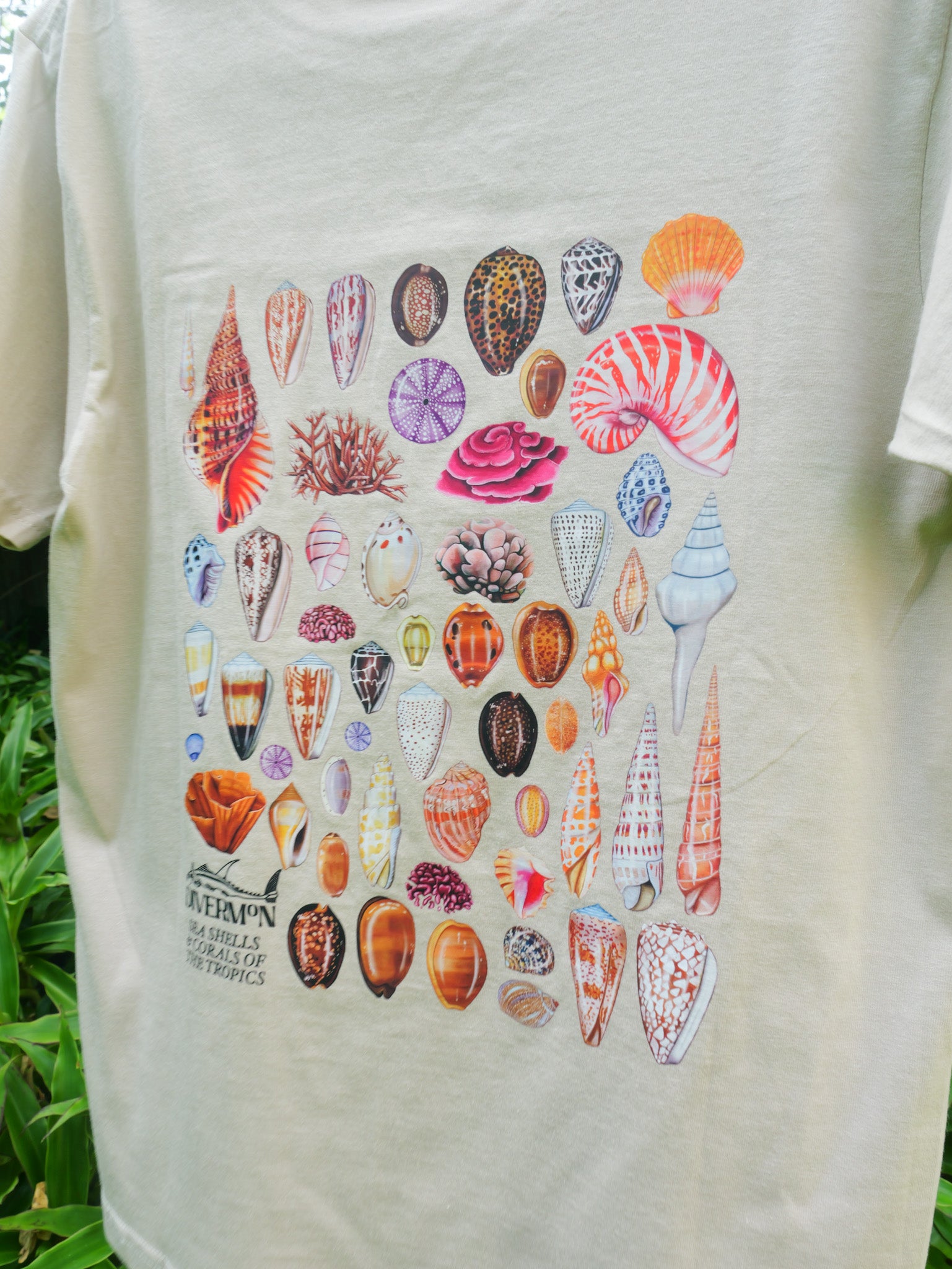 Beige t-shirt with colorful shell pattern by Diver Mon Art