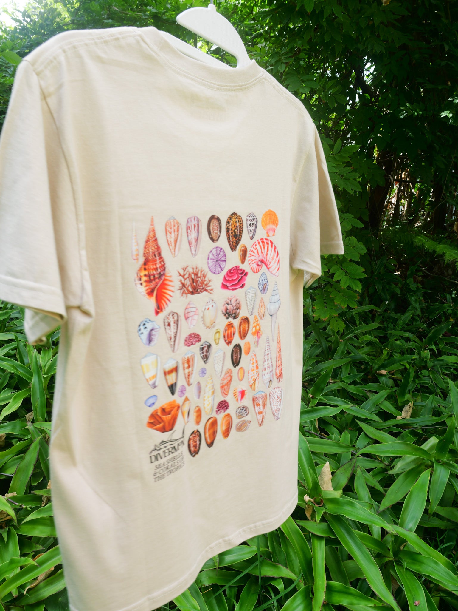 Beige t-shirt with colorful shell graphic design hanging outdoors against a green leafy background marine illustrations