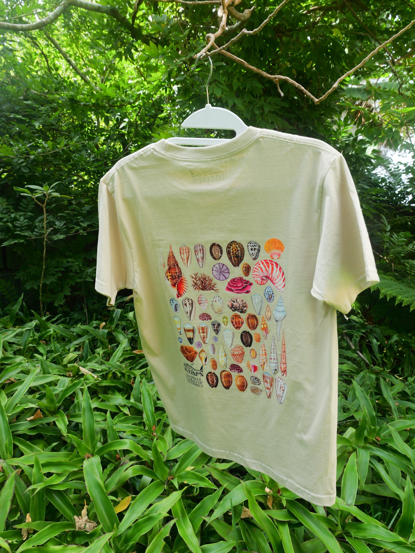 Beige t-shirt with colorful graphic seashell design on a hanger against a green leafy background