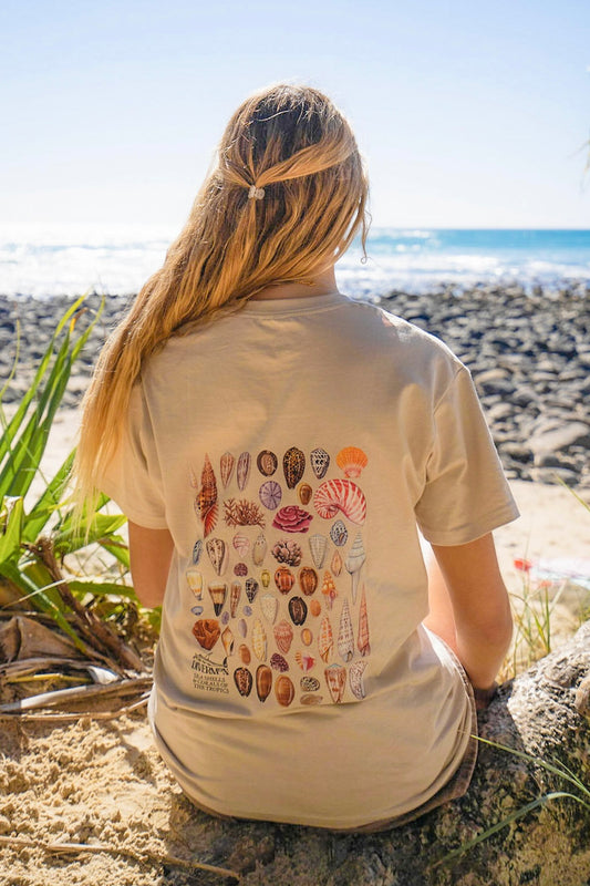 Seashell t shirt featuring ocean shell artwork by Diver Mon Art marine life illustration for beach lovers