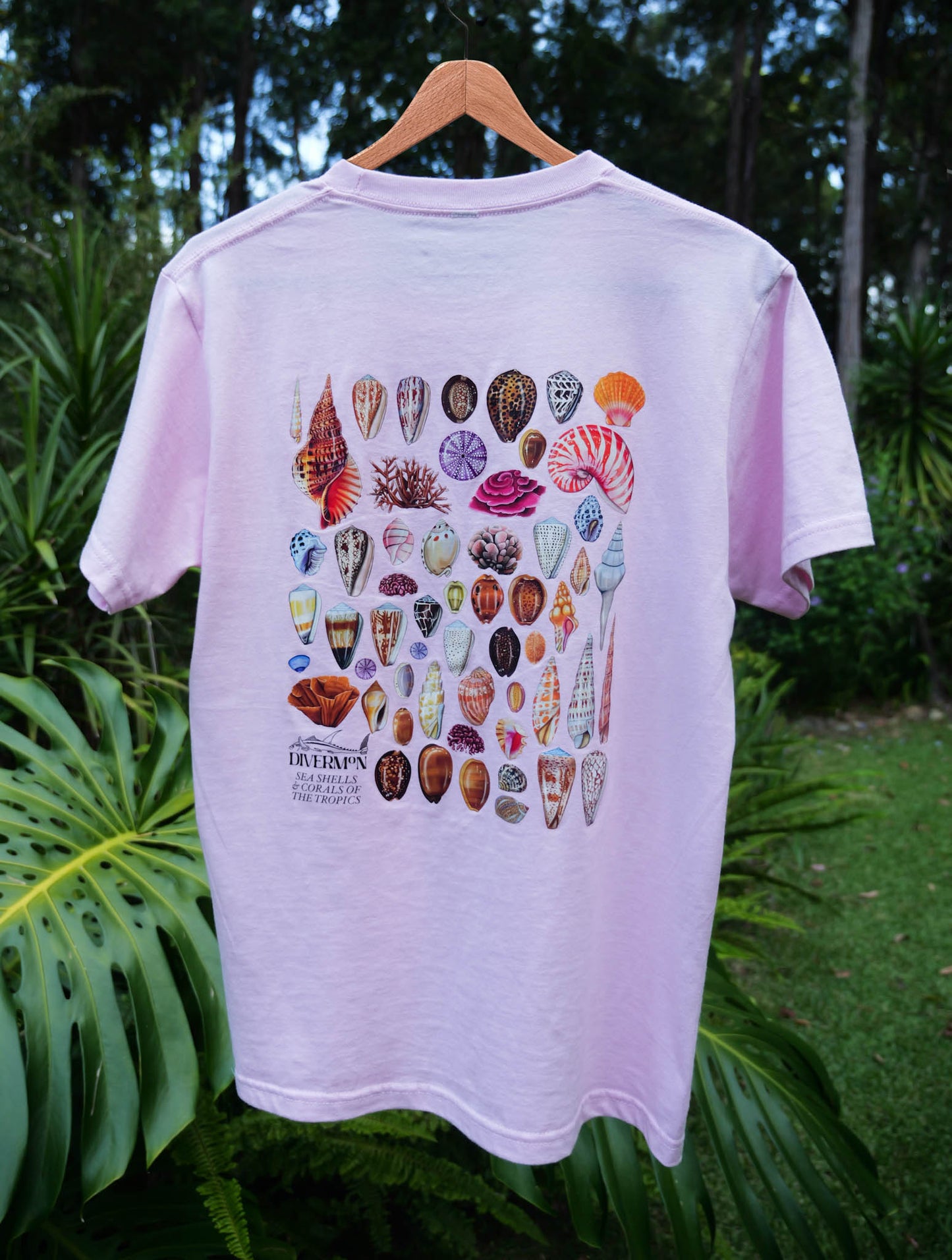 Pink seashell t shirt featuring ocean shell artwork by Diver Mon Art marine life illustration for beach and coastal style rear