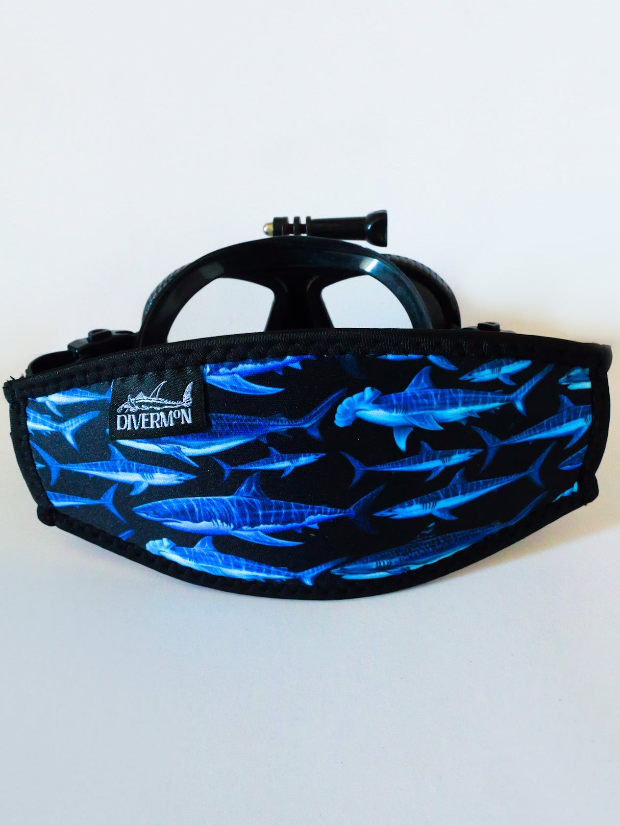 Shark black neoprene mask tamer design shown close up detail fitted on mask by Diver Mon Art shown with mask 
