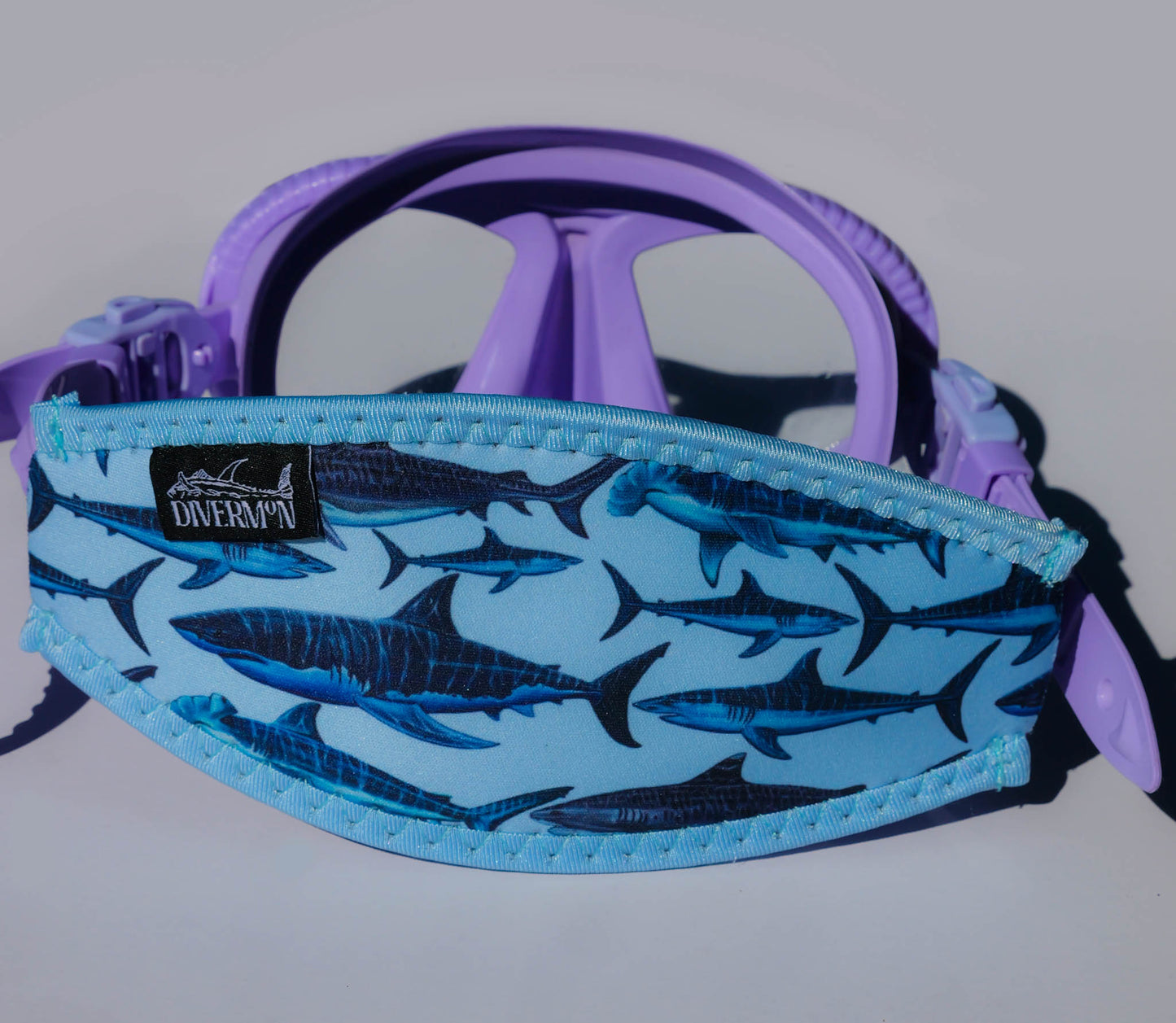 Light blue shark mask tamer design shown in great detail close up fitted to purple mask illustrations by Diver Mon Art  
