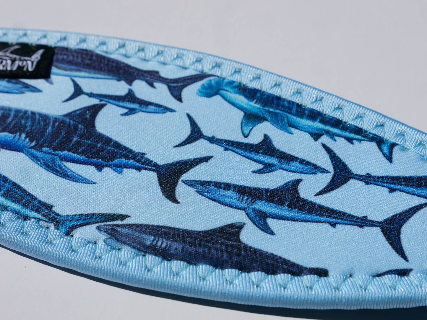 Light blue shark mask tamer strap design shown in great detail close up illustrations by Diver Mon Art  