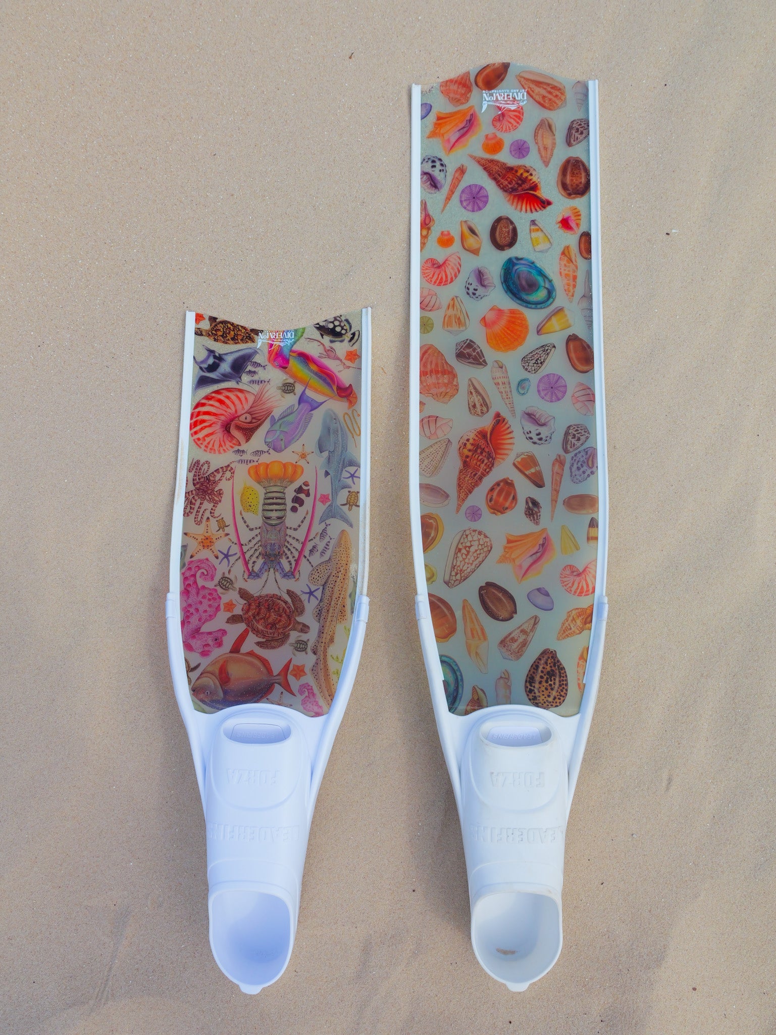 Short freediving fins for travel featuring rainbow ocean design with colourful marine life artwork by DiverMon