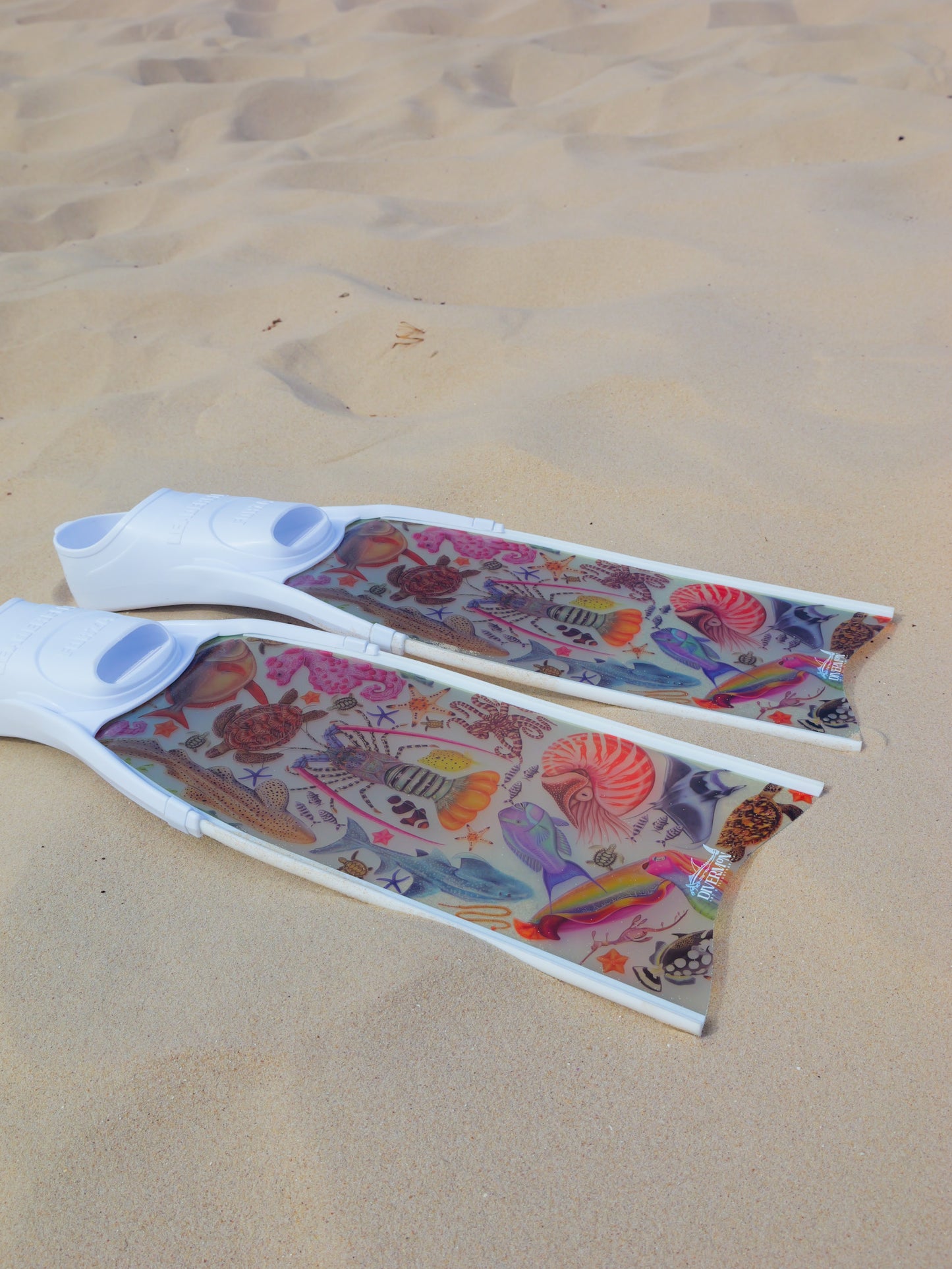 Short freediving fins for travel featuring rainbow ocean design with colourful marine life artwork by DiverMon
