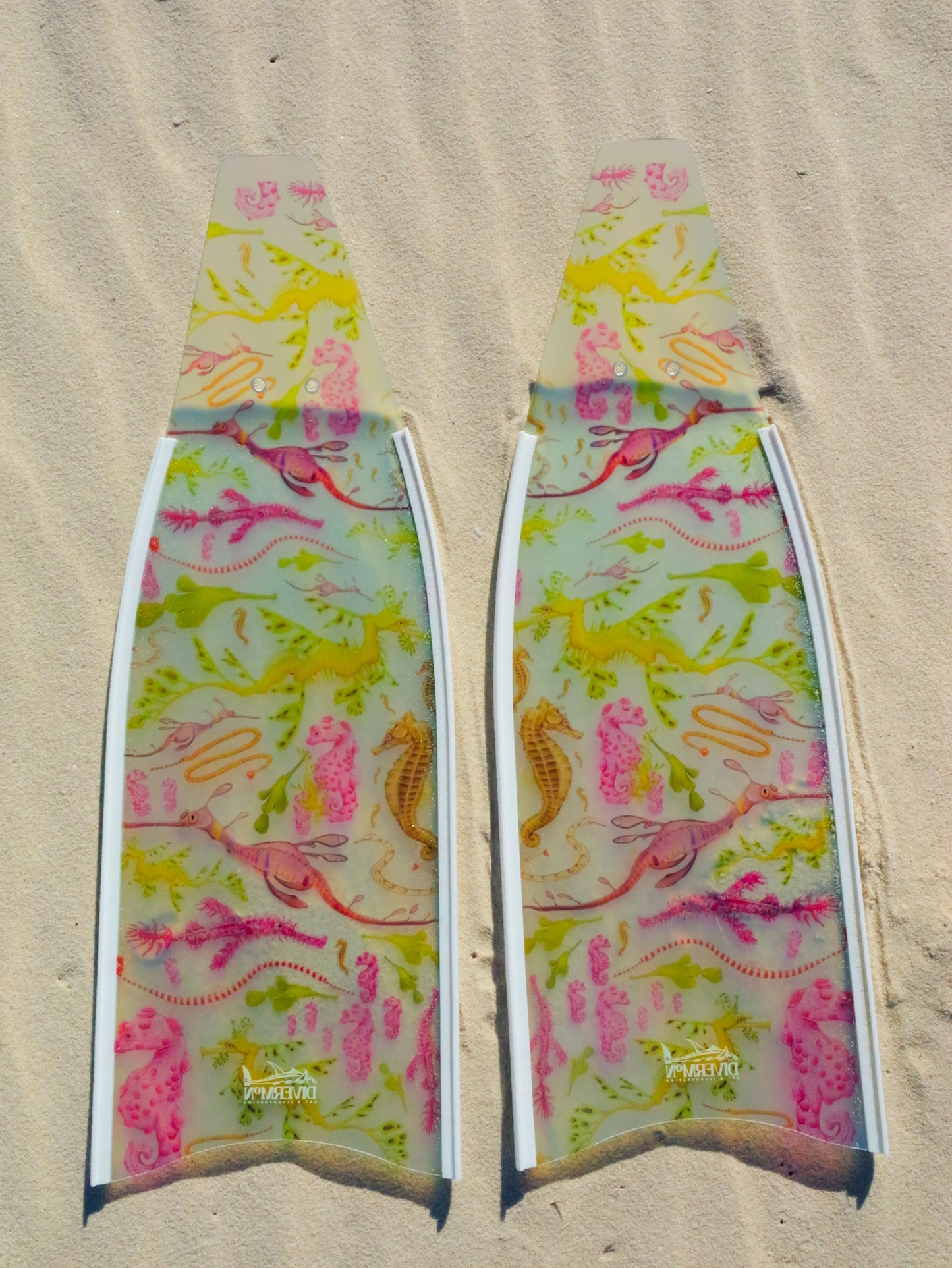 Hand-drawn illustration of Short freediving Fins featuring seahorse, weedy seadragon, leafy seadragon, pygmy seahorse, pipefish, and ghost pipefish