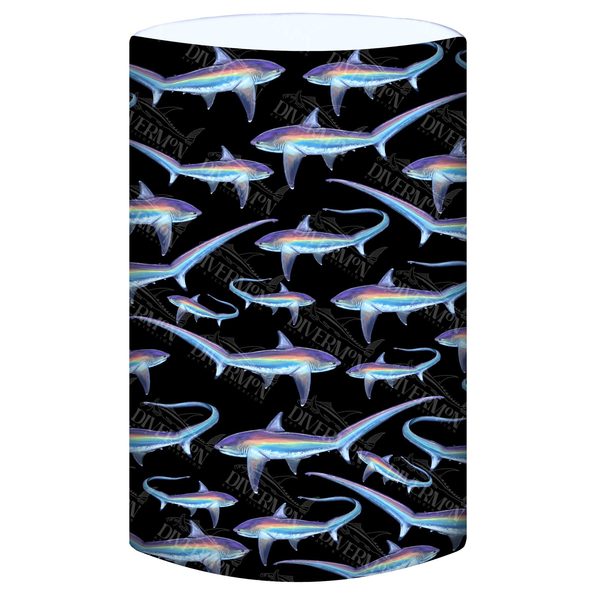 Display of the limited addition thresher black UV gaiter buff design made from recycled polyester-spandex ocean illustration by Diver Mon Art 