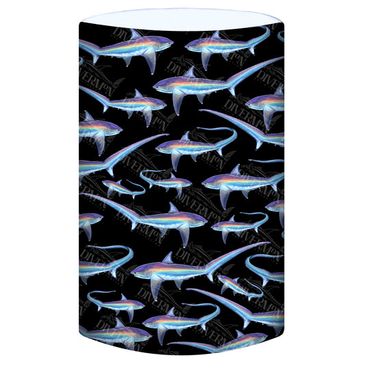 Display of the limited addition thresher black UV gaiter buff design made from recycled polyester-spandex ocean illustration by Diver Mon Art 