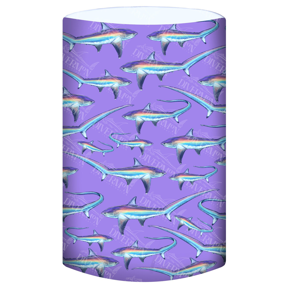 Display of the limited addition thresher purple UV gaiter buff design made from recycled polyester-spandex ocean illustration by Diver Mon Art 