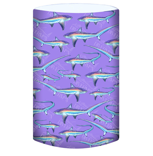 Display of the limited addition thresher purple UV gaiter buff design made from recycled polyester-spandex ocean illustration by Diver Mon Art 