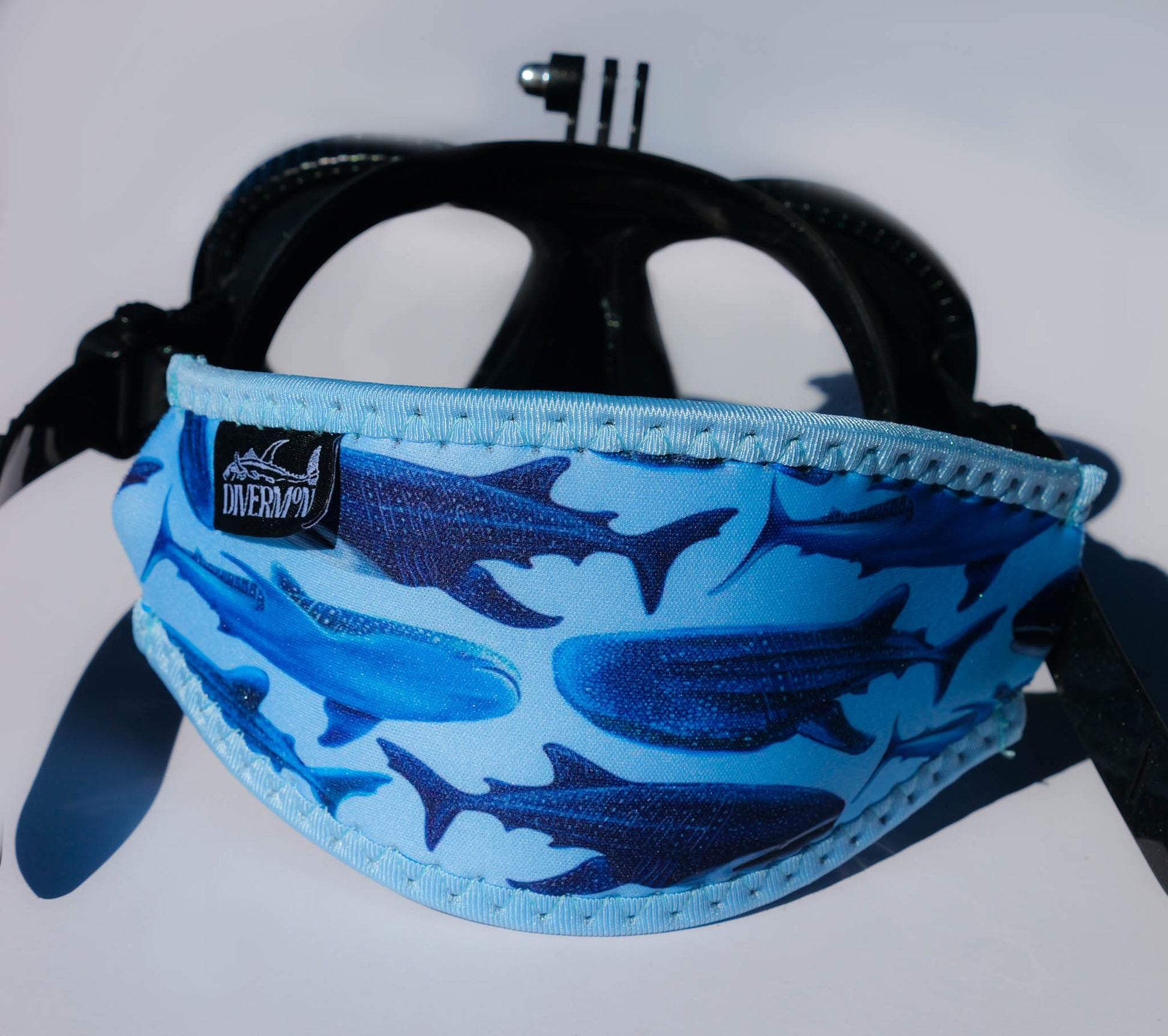 Whale shark blue neoprene mask tamer ocean illustration by Diver Mon Art shown close up in great detail fitted to mask 